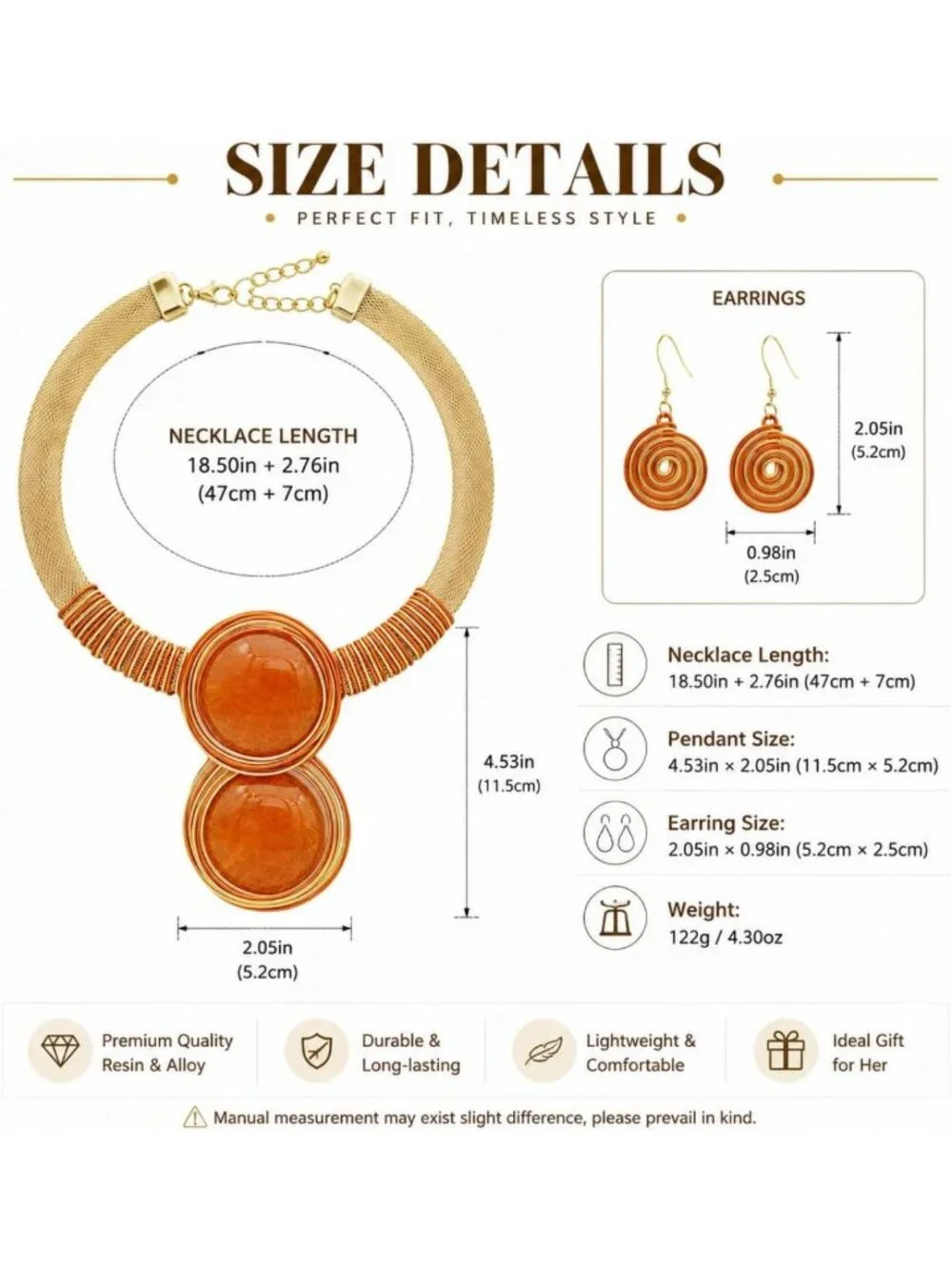 Chunky Gold Mesh Bib Necklace Set with Round Pendant & Spiral Earrings - African